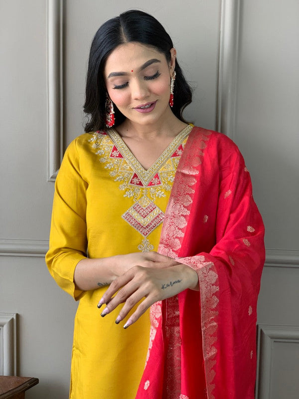 Amazing Mustard Color Chanderi Fabric Designer Suit