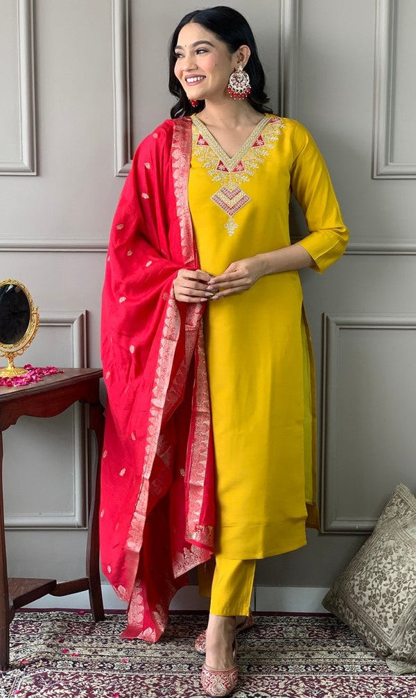 Amazing Mustard Color Chanderi Fabric Designer Suit