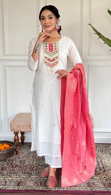 Amazing White Color Viscose  Fabric Designer Suit