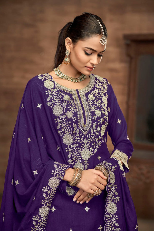 Divine Purple Color Vichitra Fabric Partywear Suit