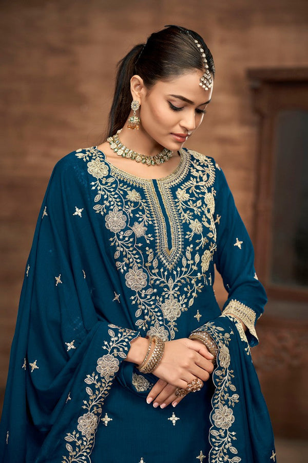 Divine Teal  Color Vichitra Fabric Partywear Suit