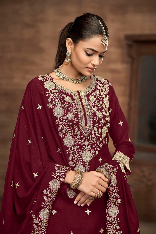 Divine Maroon Color Vichitra Fabric Partywear Suit