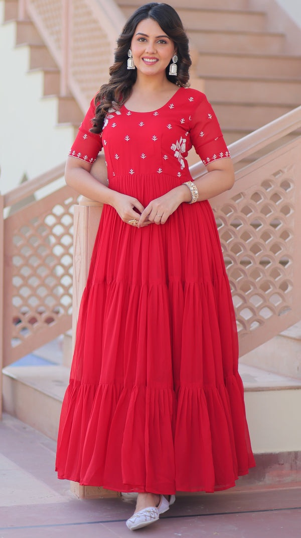 Striking Red Color Georgette Fabric Gown