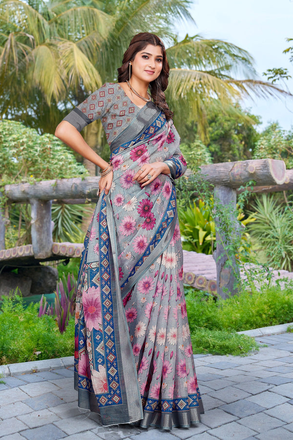 Beautiful Grey Color Cotton Fabric Casual Saree