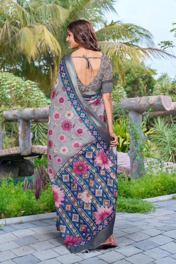 Beautiful Grey Color Cotton Fabric Casual Saree