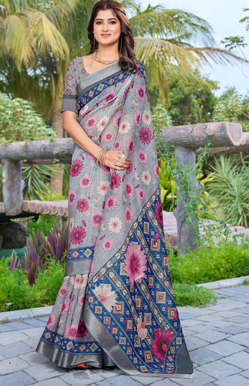Beautiful Grey Color Cotton Fabric Casual Saree