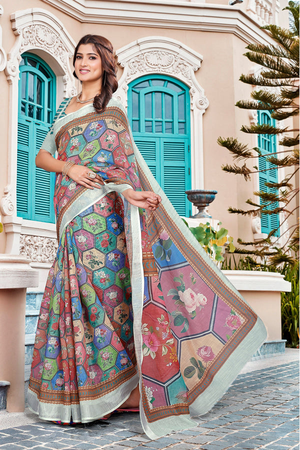 Beautiful Multi Color Cotton Fabric Casual Saree