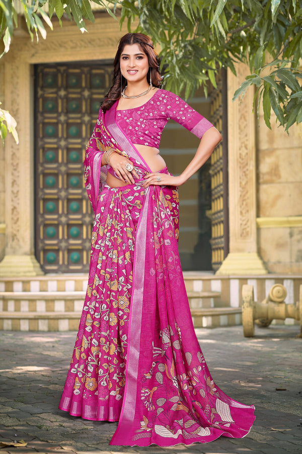Beautiful Pink Color Cotton Fabric Casual Saree