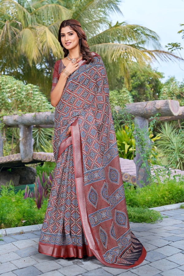 Beautiful Brown Color Cotton Fabric Casual Saree