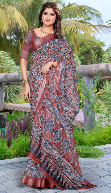Beautiful Brown Color Cotton Fabric Casual Saree