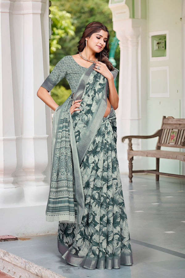 Beautiful Green Color Cotton Fabric Casual Saree