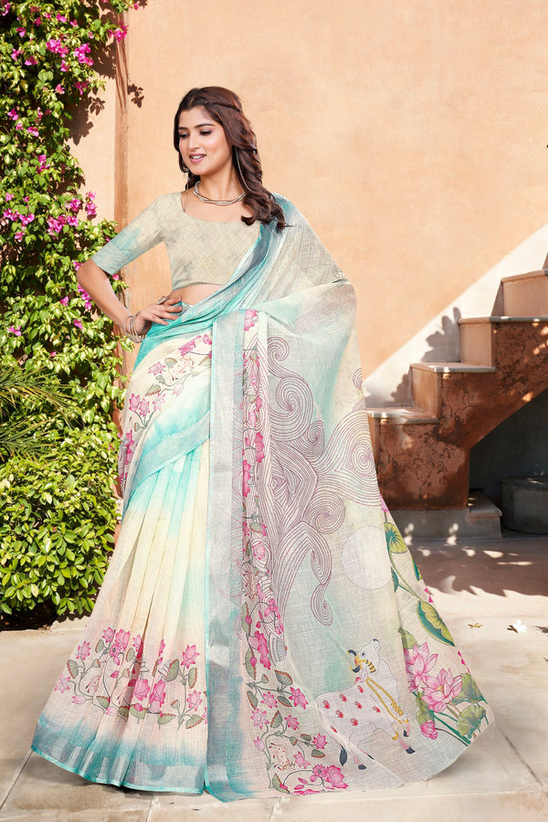 Beautiful Cream Color Cotton Fabric Casual Saree