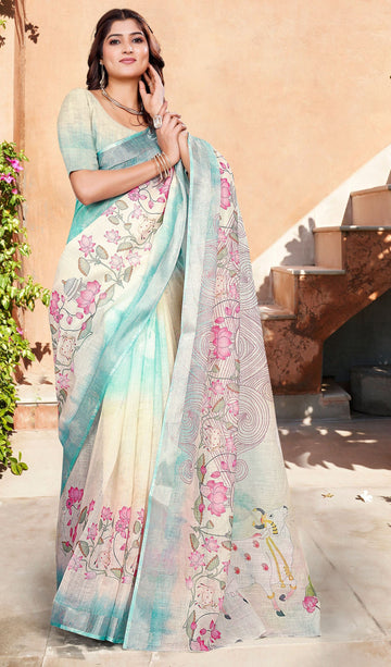 Beautiful Cream Color Cotton Fabric Casual Saree