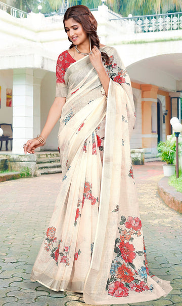 Beautiful Cream Color Cotton Fabric Casual Saree