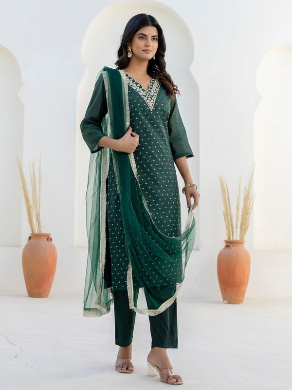 Pretty Green Color Chanderi Fabric Designer Suit