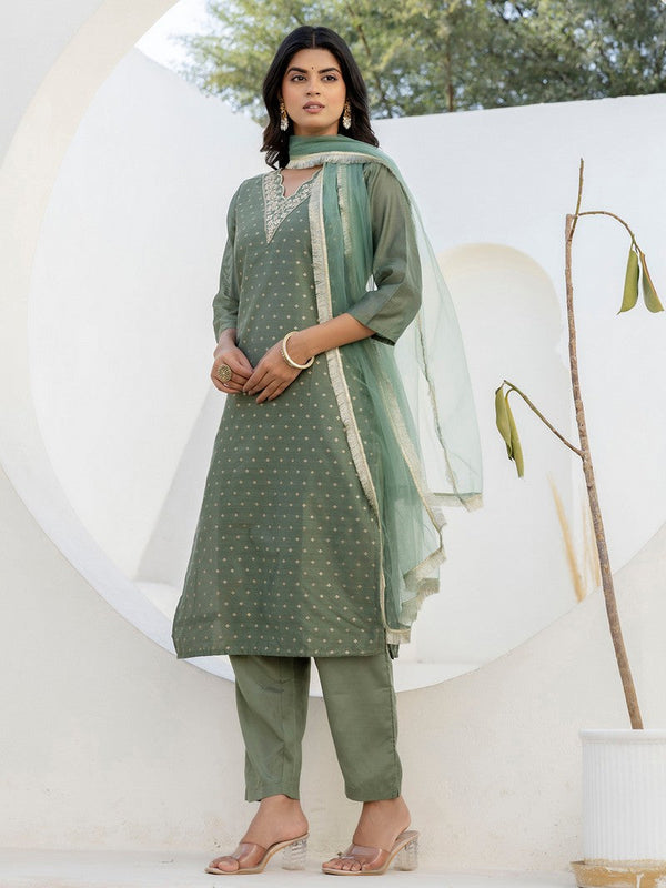 Pretty Green Color Chanderi Fabric Designer Suit