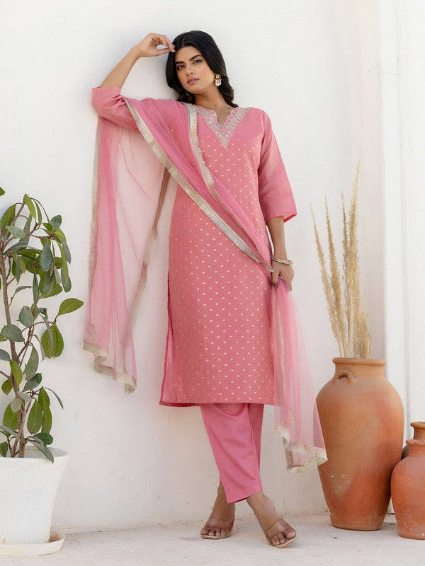 Pretty Pink Color Chanderi Fabric Designer Suit