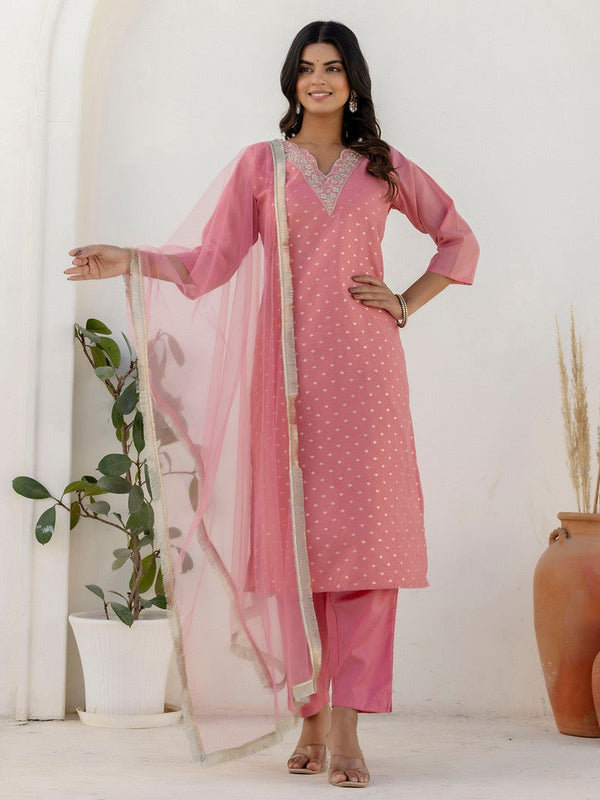 Pretty Pink Color Chanderi Fabric Designer Suit