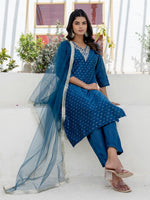 Pretty Teal Color Chanderi Fabric Designer Suit