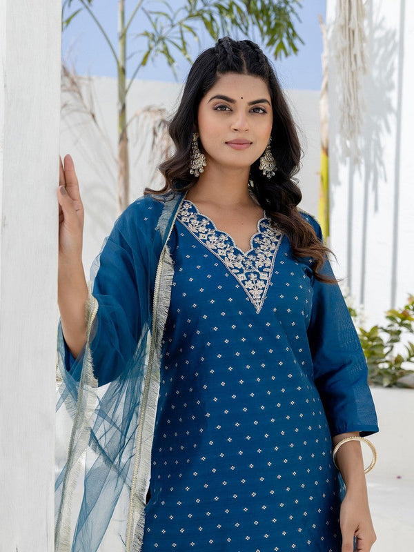 Pretty Teal Color Chanderi Fabric Designer Suit