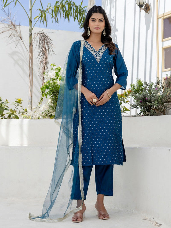 Pretty Teal Color Chanderi Fabric Designer Suit