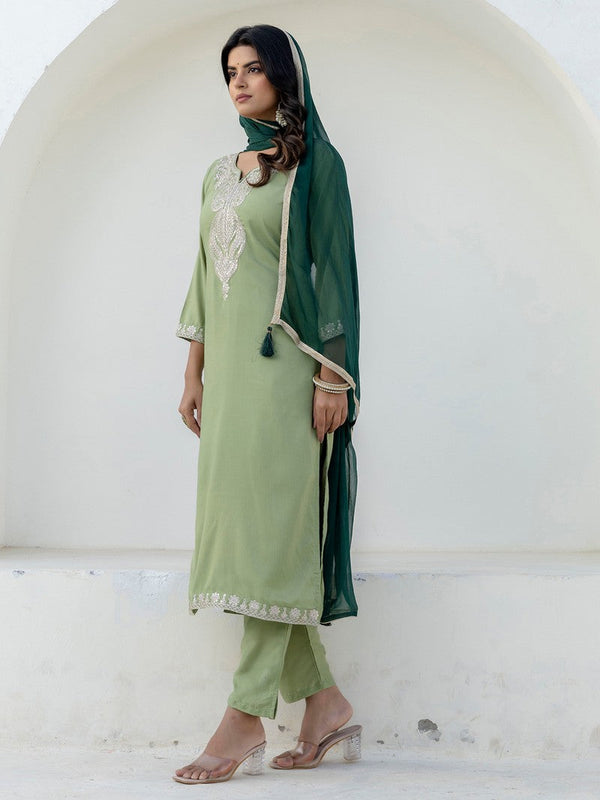 Pretty Green Color Silk Fabric Designer Suit