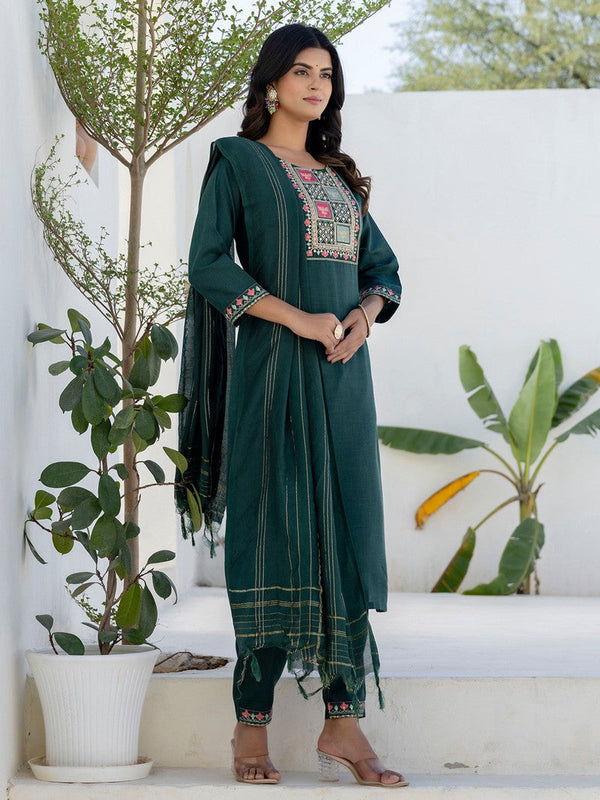 Pretty Green Color Cotton Fabric Designer Suit