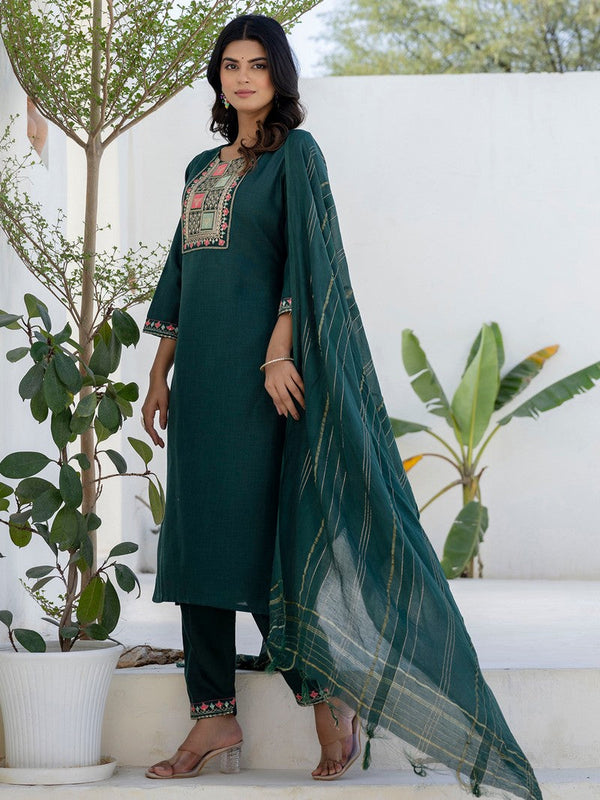 Pretty Green Color Cotton Fabric Designer Suit