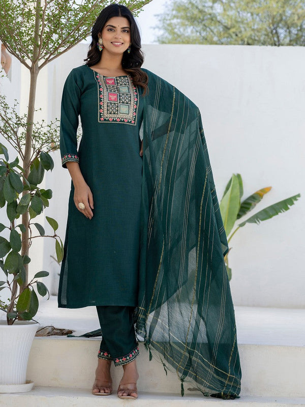 Pretty Green Color Cotton Fabric Designer Suit