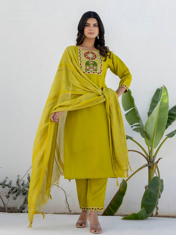 Pretty Green Color Cotton Fabric Designer Suit