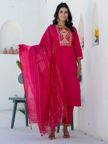 Pretty Pink Color Cotton Fabric Designer Suit