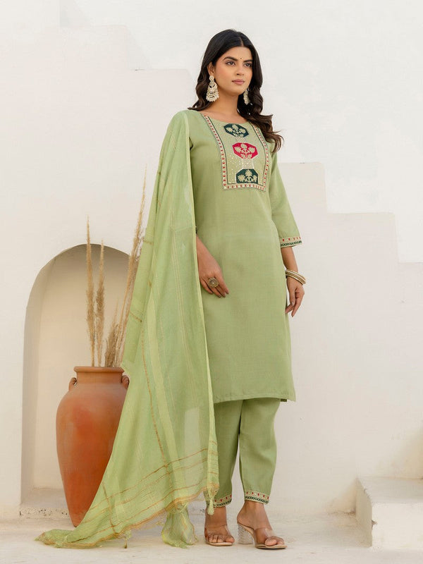 Pretty Green Color Cotton Fabric Designer Suit