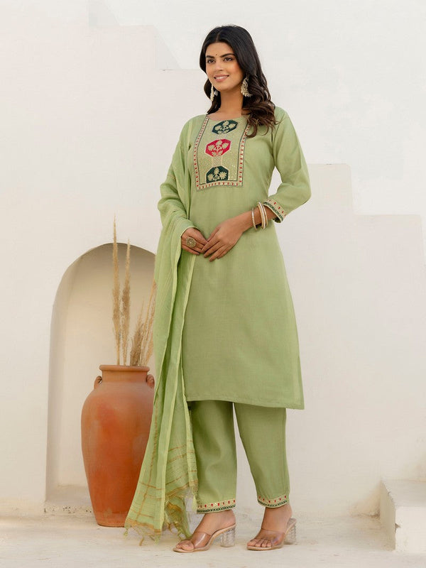 Pretty Green Color Cotton Fabric Designer Suit