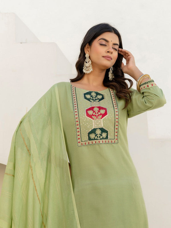 Pretty Green Color Cotton Fabric Designer Suit