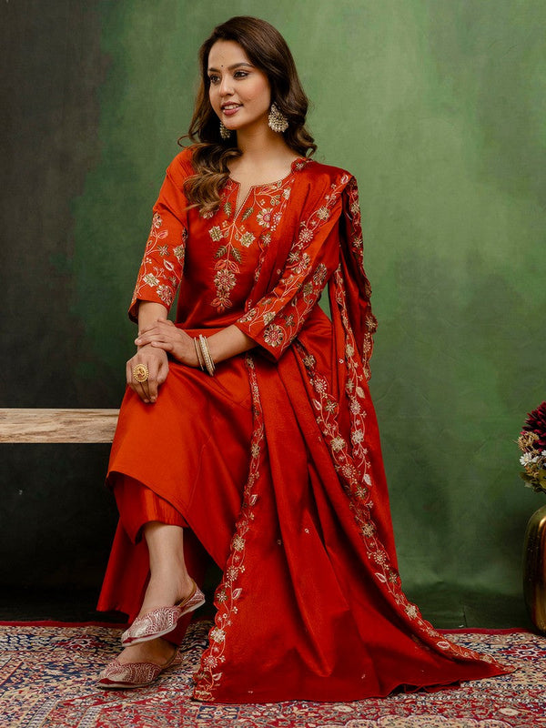 Beautiful Orange Color Silk Fabric Designer Suit