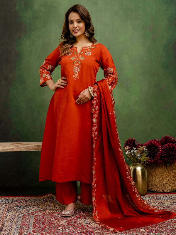 Beautiful Orange Color Silk Fabric Designer Suit