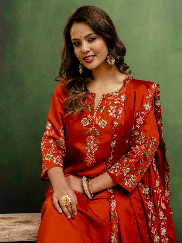 Beautiful Orange Color Silk Fabric Designer Suit