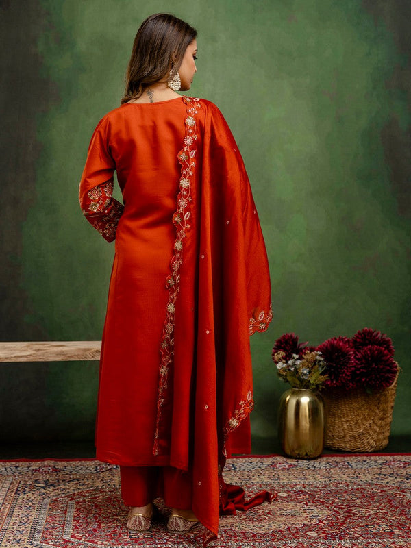 Beautiful Orange Color Silk Fabric Designer Suit