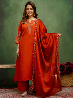 Beautiful Orange Color Silk Fabric Designer Suit