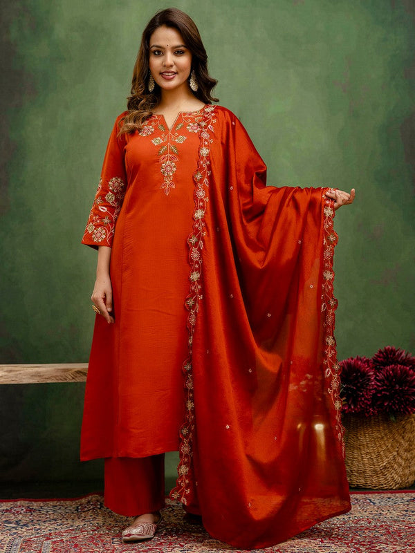 Beautiful Orange Color Silk Fabric Designer Suit