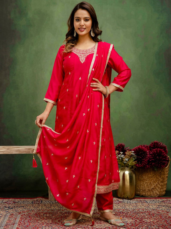 Beautiful Red Color Silk Fabric Designer Suit