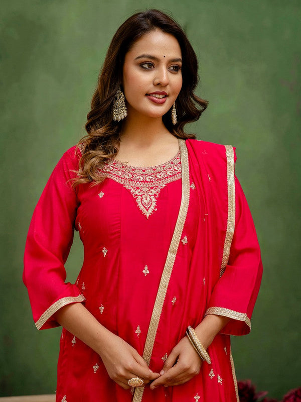 Beautiful Red Color Silk Fabric Designer Suit