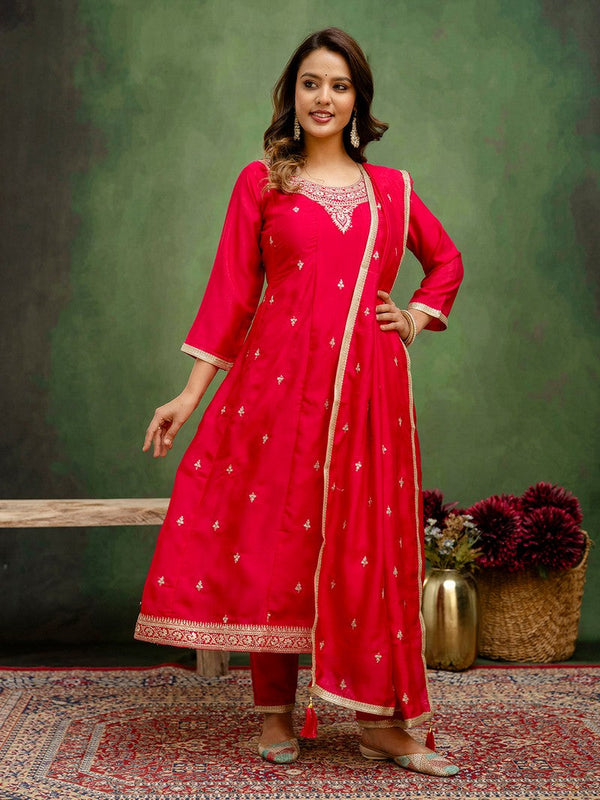 Beautiful Red Color Silk Fabric Designer Suit