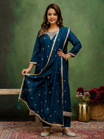Beautiful Teal  Color Silk Fabric Designer Suit