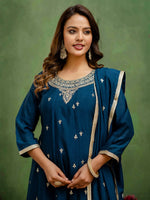 Beautiful Teal  Color Silk Fabric Designer Suit