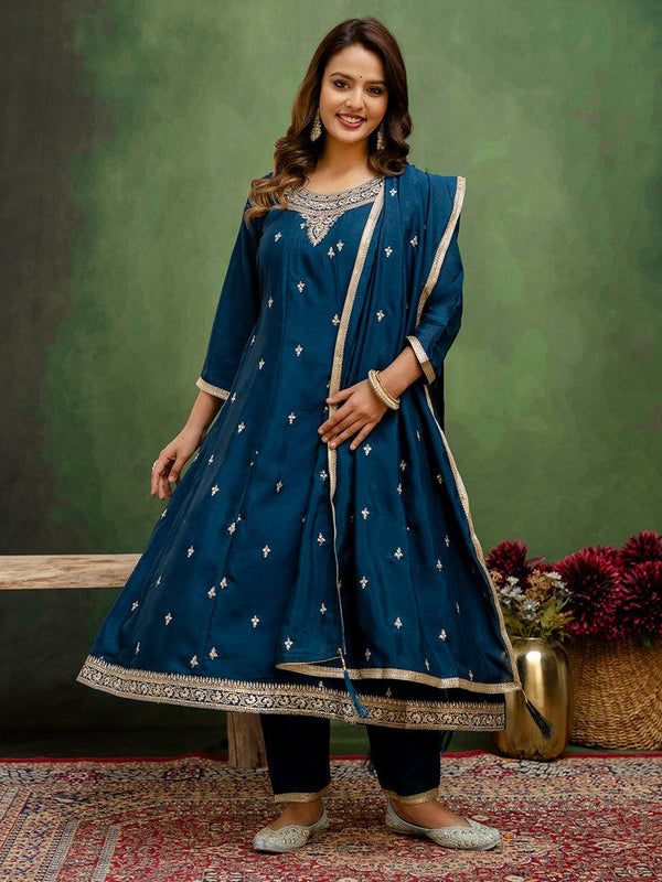 Beautiful Teal  Color Silk Fabric Designer Suit