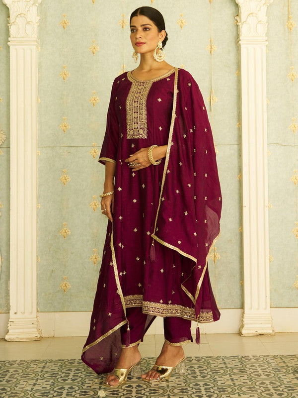 Beautiful Voilet Color Silk Fabric Designer Suit