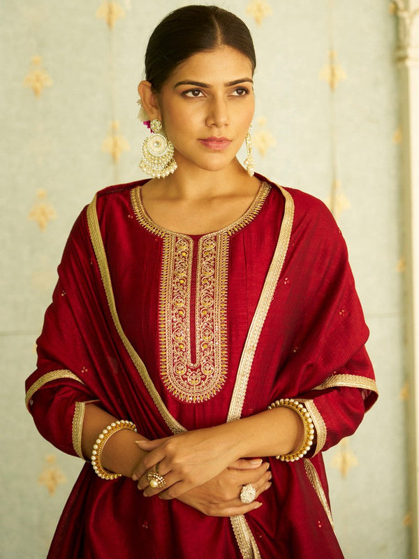 Beautiful Maroon Color Silk Fabric Designer Suit