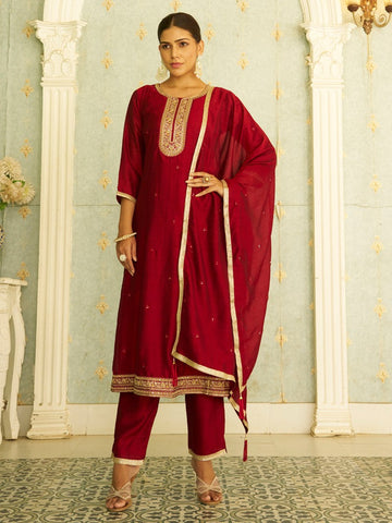 Beautiful Maroon Color Silk Fabric Designer Suit