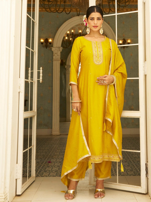 Beautiful Yellow Color Silk Fabric Designer Suit